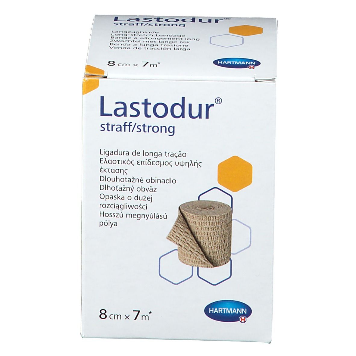 Verpakking van Lastodur straff/strong, 8cm x 7m. Opschriften: productnaam, HARTMANN logo, afmetingen, rol verband.