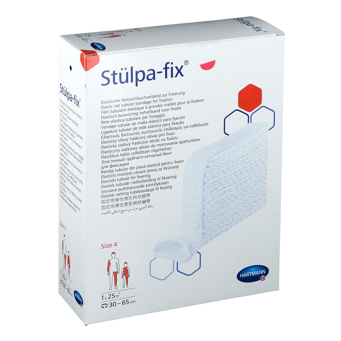Emballage de Stülpa-fix, taille 4. Bandage tubulaire élastique pour fixation. Contient 1,25 m. Marque Hartmann.