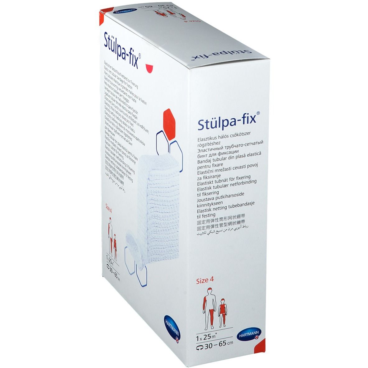 Emballage de Stülpa-fix, taille 4. Bandage tubulaire élastique. Marque Hartmann. Vue latérale.