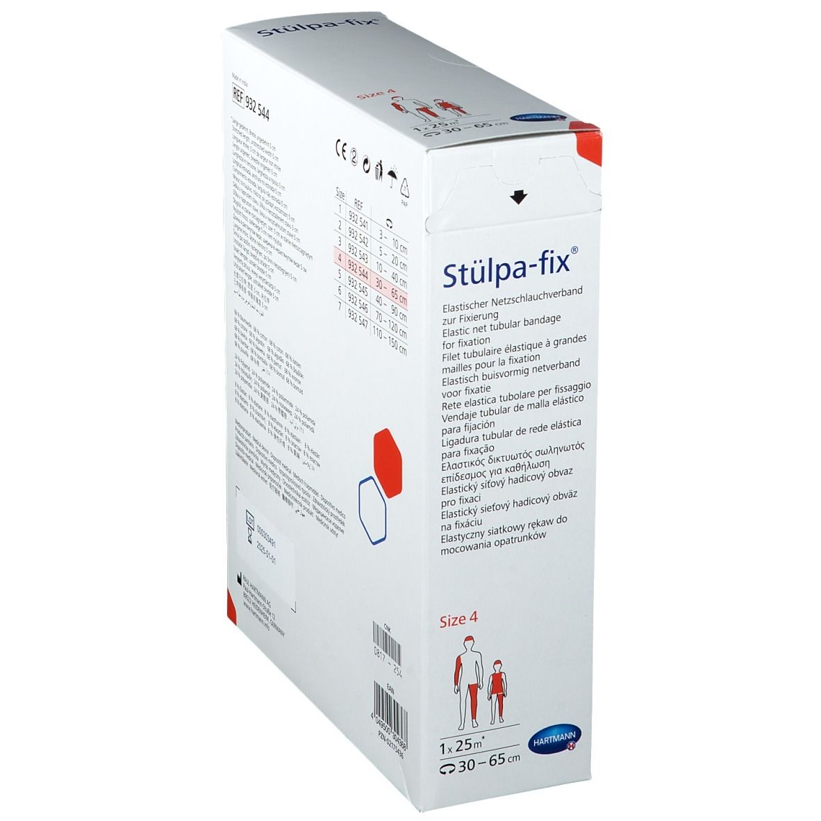 Vue latérale de l'emballage Stülpa-fix. Informations sur les tailles et le produit. Marque Hartmann.