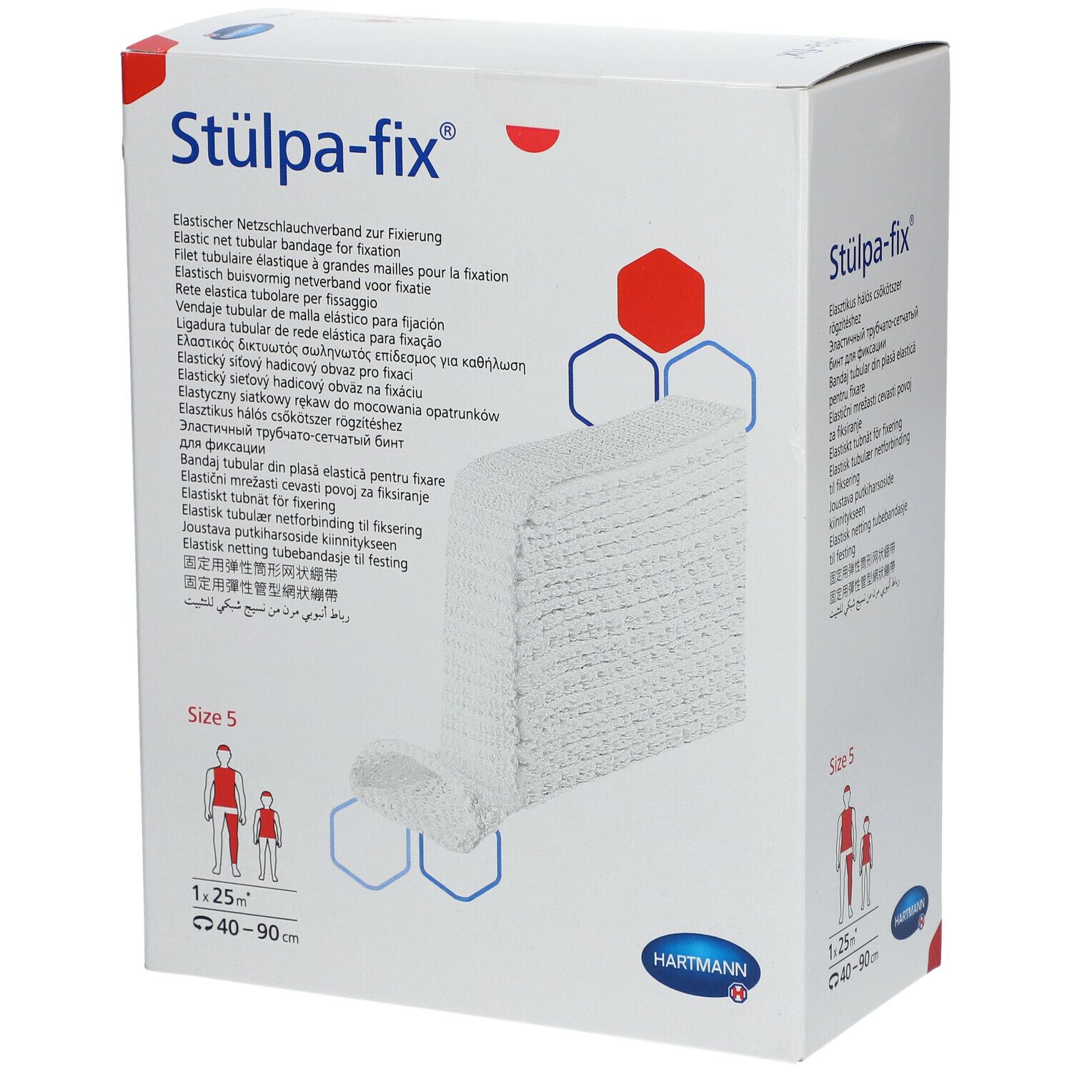 Hartmann Stülpa-fix Gr. 5. Rouleau de bandage en filet blanc dans son emballage. Taille 5, 1,25 m, 40-90 cm. Logo Hartmann.