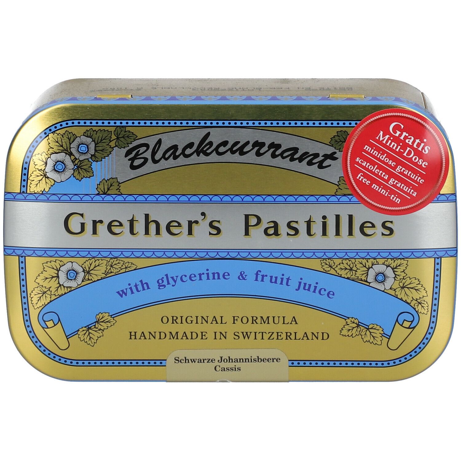 Boîte dorée avec inscription bleue "Blackcurrant Grether's Pastilles". Autocollant rouge "Gratis Mini-Dose".