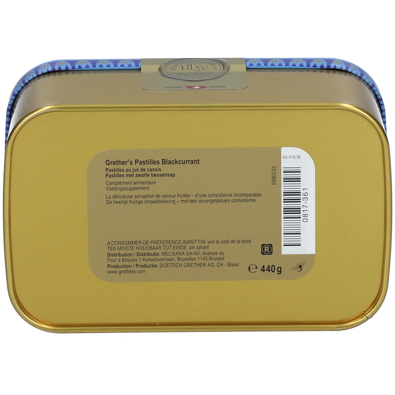 Face inférieure d'une boîte dorée avec informations produit. Texte multilingue. Poids : 440g.