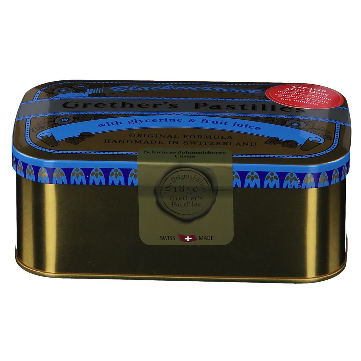 Boîte dorée avec couvercle bleu et inscription "Grether's Pastilles". Croix suisse.
