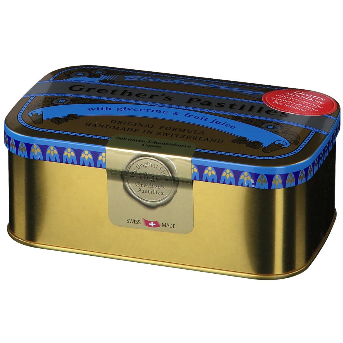 Boîte dorée avec couvercle bleu et inscription "Grether's Pastilles". Croix suisse et autocollant rouge.