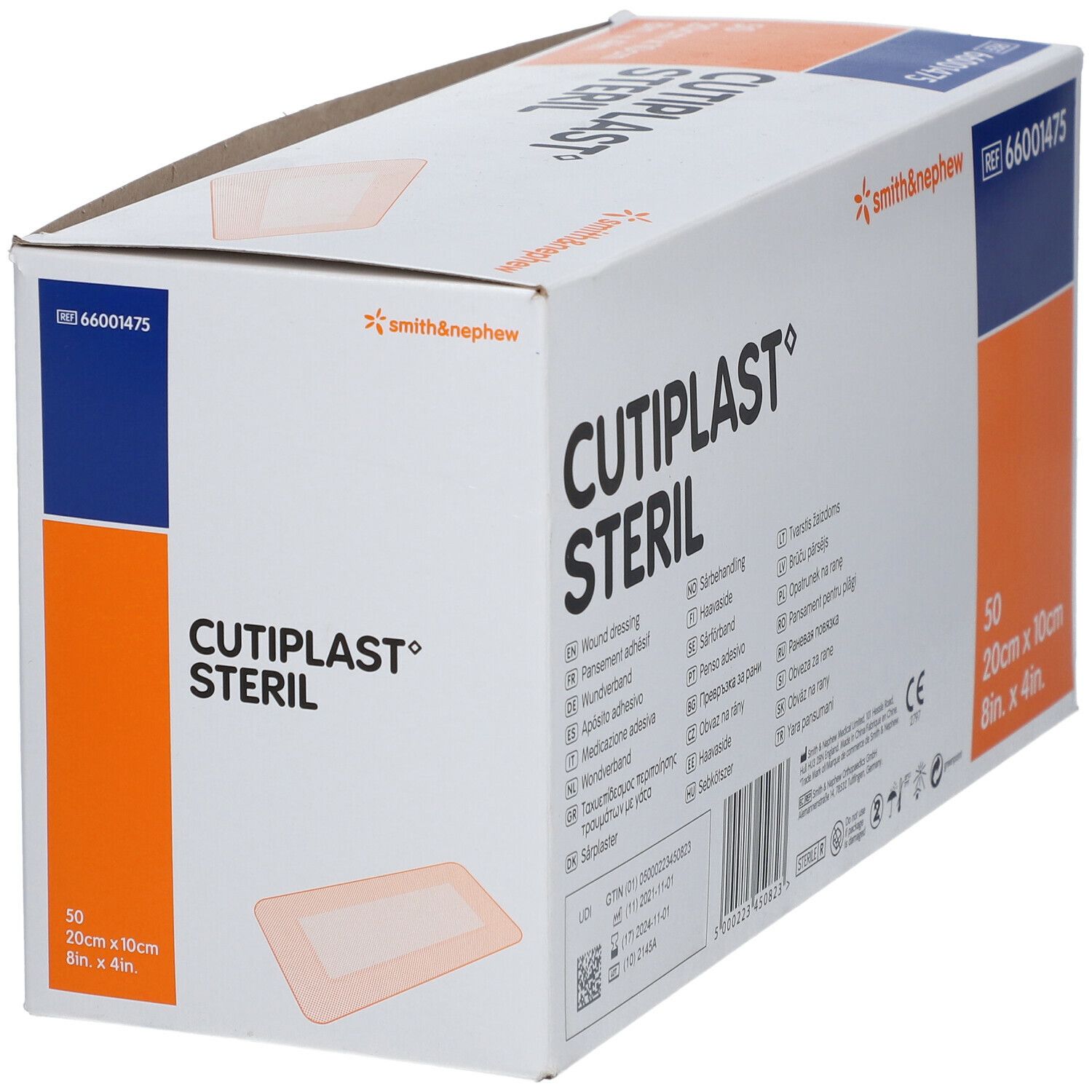 Verpackung von CUTIPLAST STERIL Wundverband. Enthält 50 Verbände, 20x10cm. Marke: smith & nephew.