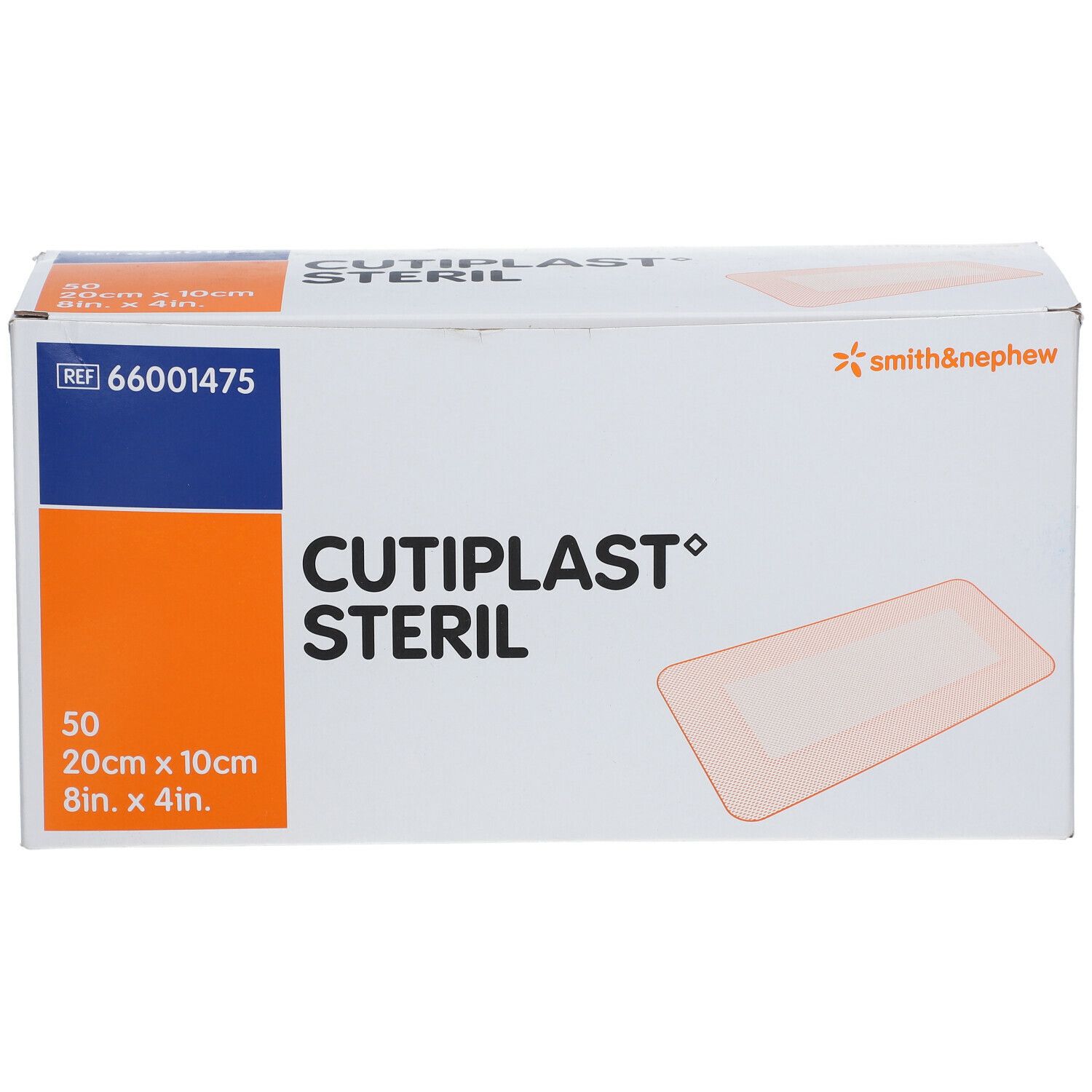 Verpackung von CUTIPLAST STERIL Wundverband. Enthält 50 Verbände, 20x10cm. Marke: smith & nephew.