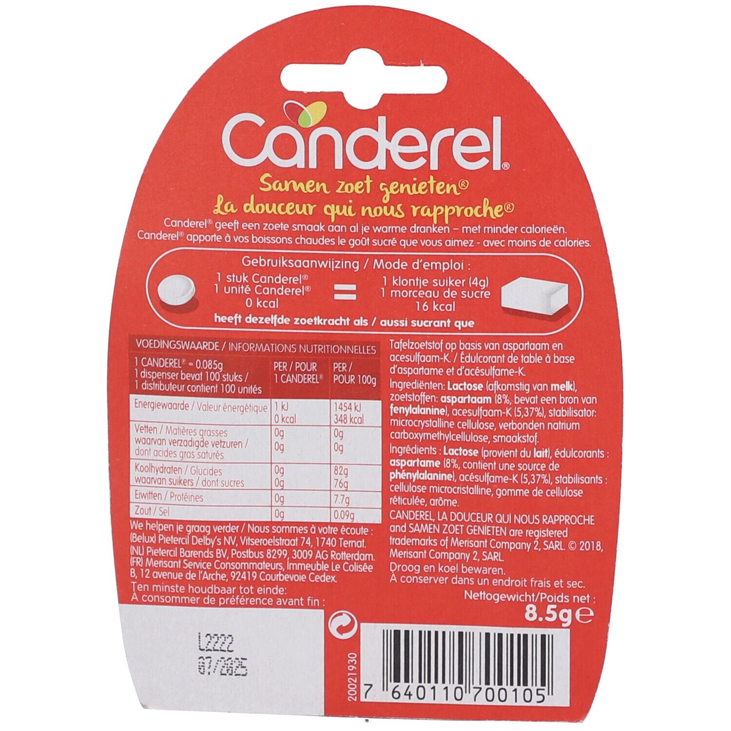 Dos du CANDEREL® Pocket Pack. Contient des informations nutritionnelles et une liste d'ingrédients.