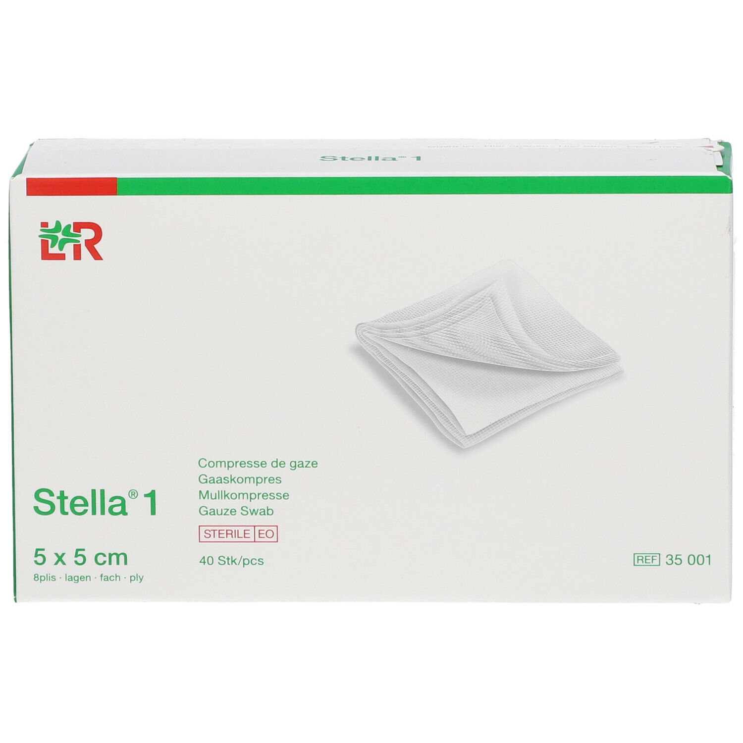 Boîte de Stella 1, 5 x 5 cm. Contient 40 pièces. Inscriptions : compresses, compresses de gaze, stériles EO.