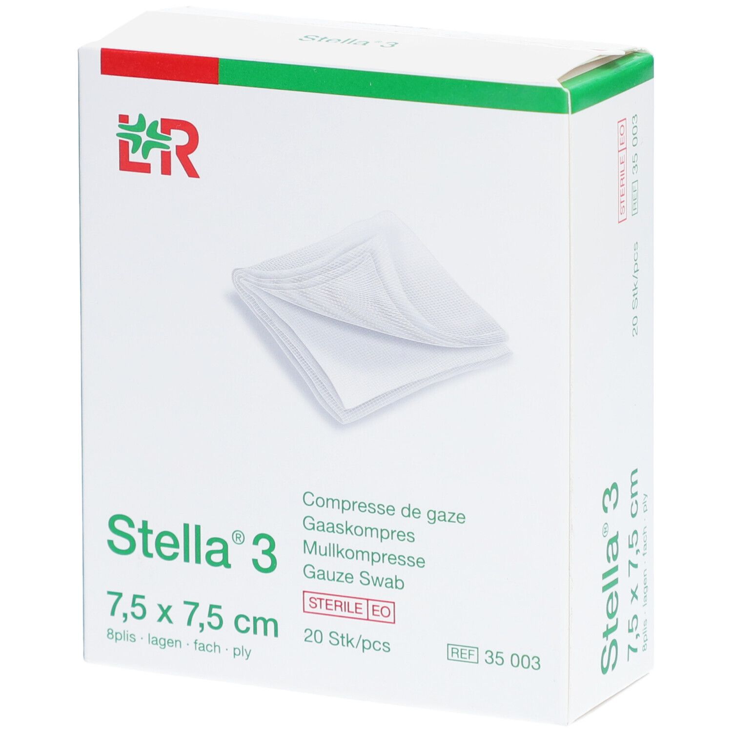 Verpakking Stella 3 gaaskompressen, 7,5 x 7,5 cm. Bevat 20 stuks. Steriel EO. Groen-witte verpakking met productnaam en logo.