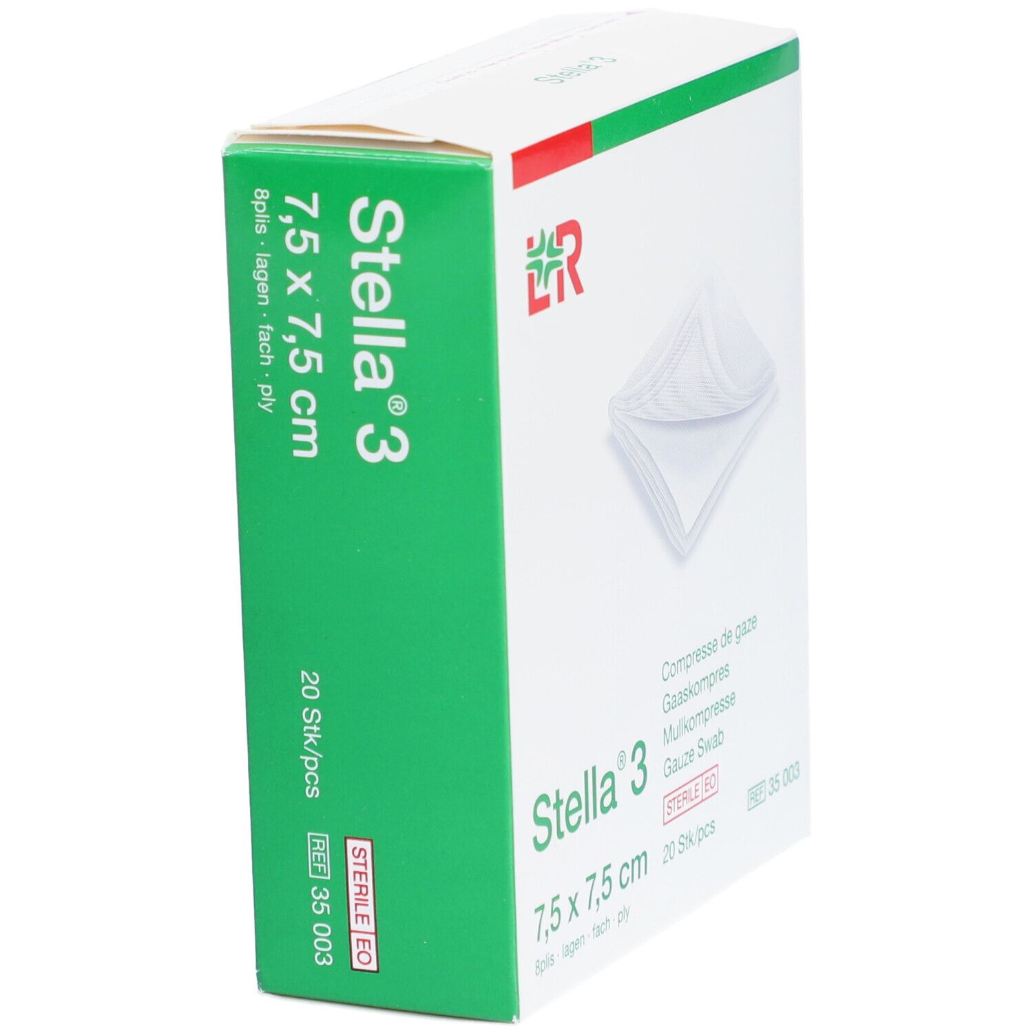 Schuine weergave van de verpakking van Stella 3 gaaskompressen, 7,5 x 7,5 cm. Groen-witte verpakking met productnaam en logo.