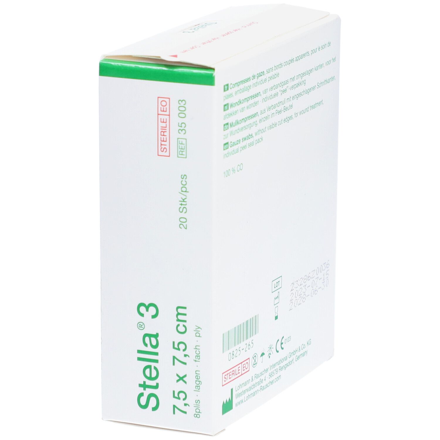 Zijaanzicht van de verpakking van Stella 3 gaaskompressen, 7,5 x 7,5 cm. Groen-witte verpakking met productnaam en logo.