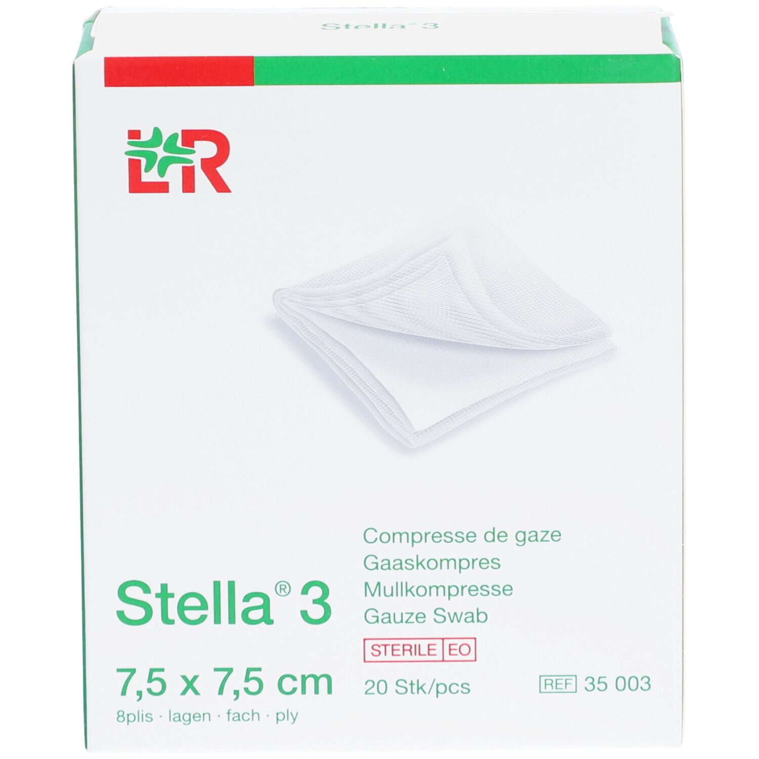 Verpakking Stella 3 gaaskompressen, 7,5 x 7,5 cm. Bevat 20 stuks. Steriel EO. Groen-witte verpakking met productnaam en logo.