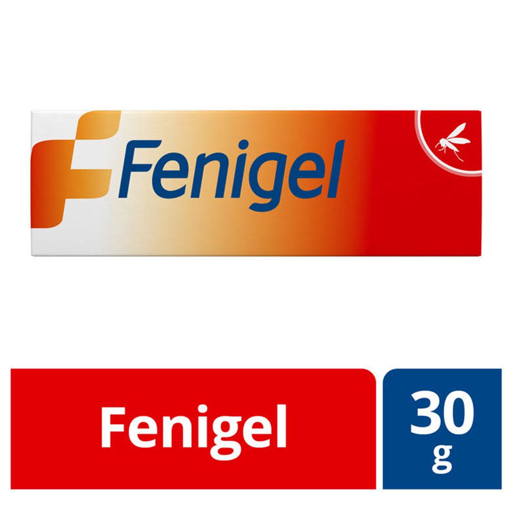 Boîte "Fenigel". Design orange et blanc. Indication 30g. Symbole moustique.