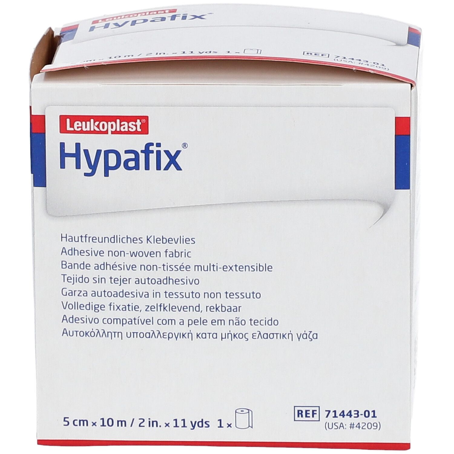 Boîte de Hypafix, 5 cm x 10 m. Ruban adhésif non tissé. Marque Leukoplast. Contient un rouleau.