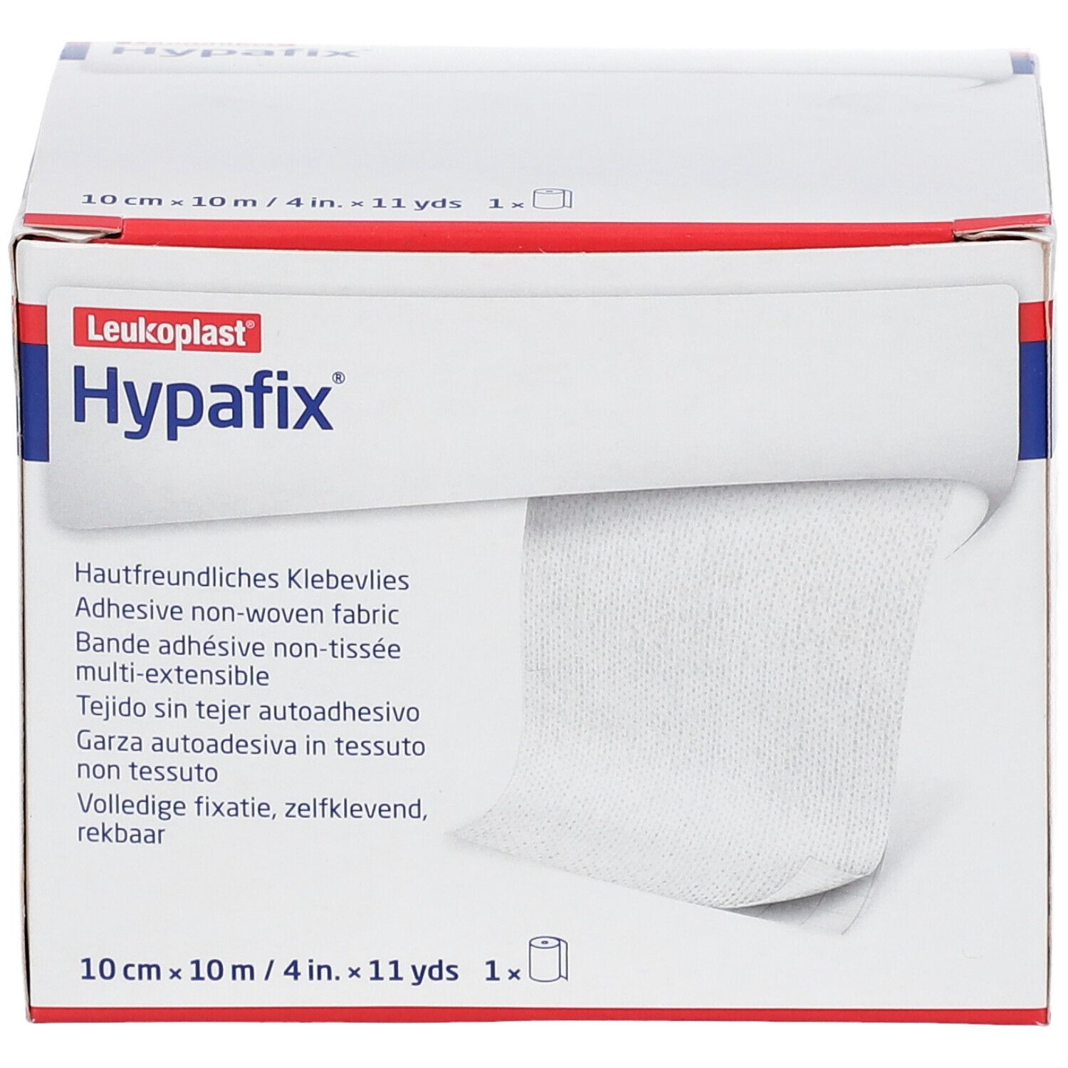 Boîte de Hypafix®. Le non-tissé blanc est sorti de la boîte. Inscriptions : Hypafix®, 10 cm x 10 m, tissu non tissé adhésif.