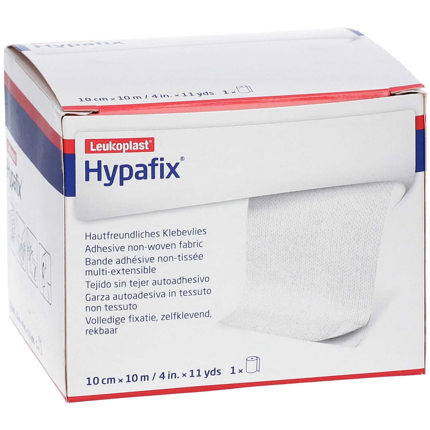 Boîte de Hypafix®. Le non-tissé blanc est sorti de la boîte. Inscriptions : Hypafix®, 10 cm x 10 m, tissu non tissé adhésif.