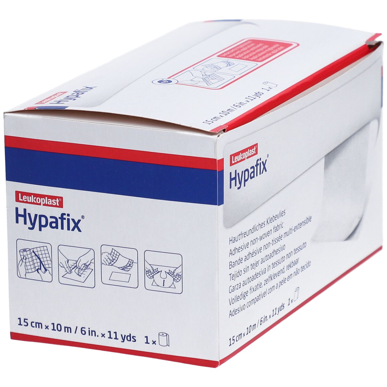 Boîte de Hypafix. Inscription : 15 cm x 10 m. Illustrations d'utilisation. Non-tissé blanc.