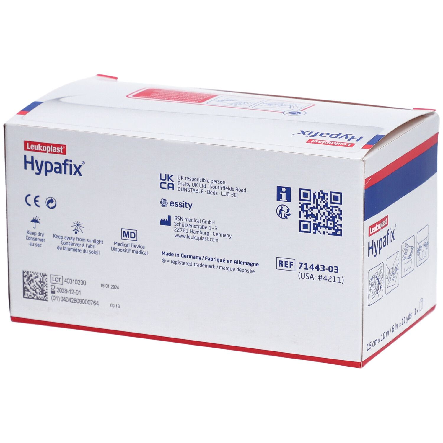 Boîte de Hypafix. Inscription : 15 cm x 10 m. Logos et informations. Marquage CE.