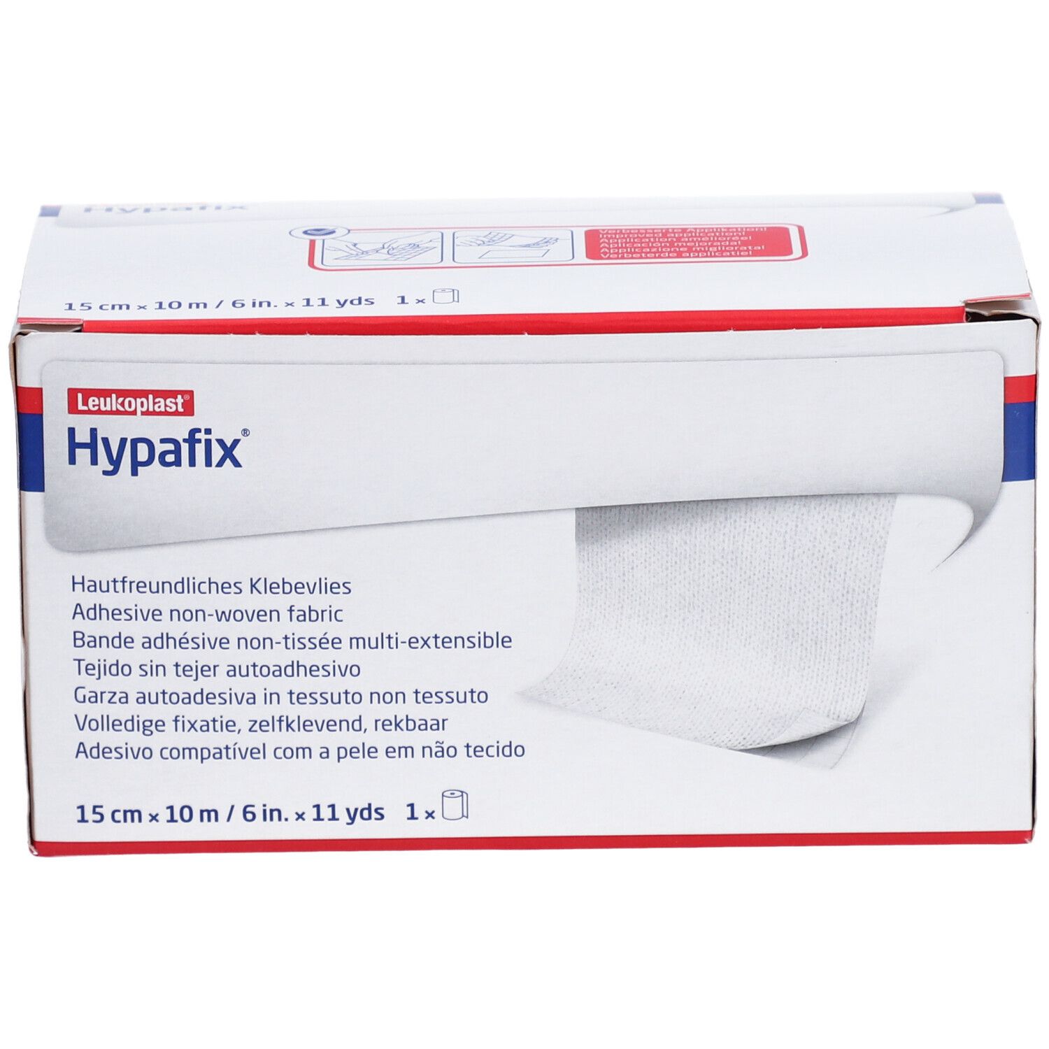 Boîte de Hypafix. Inscription : 15 cm x 10 m. Non-tissé adhésif. Non-tissé blanc sortant de l'emballage.