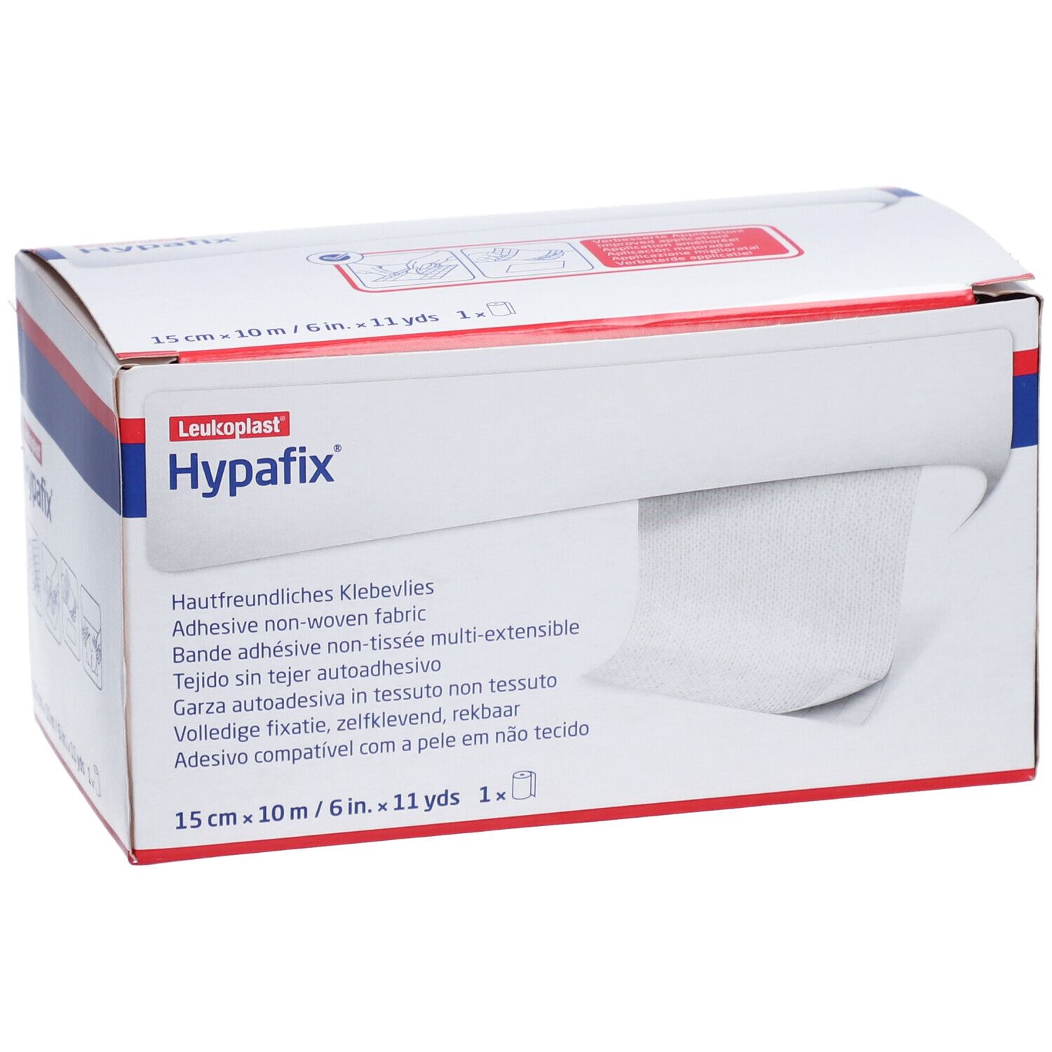 Boîte de Hypafix. Inscription : 15 cm x 10 m. Non-tissé adhésif. Non-tissé blanc sortant de l'emballage.