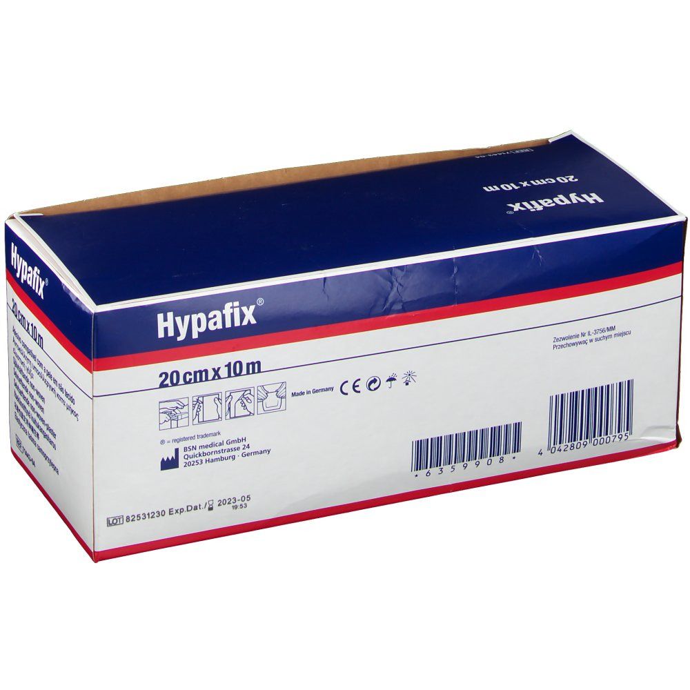 Emballage de Hypafix, 20 cm x 10 m. Verso avec code-barres et informations.