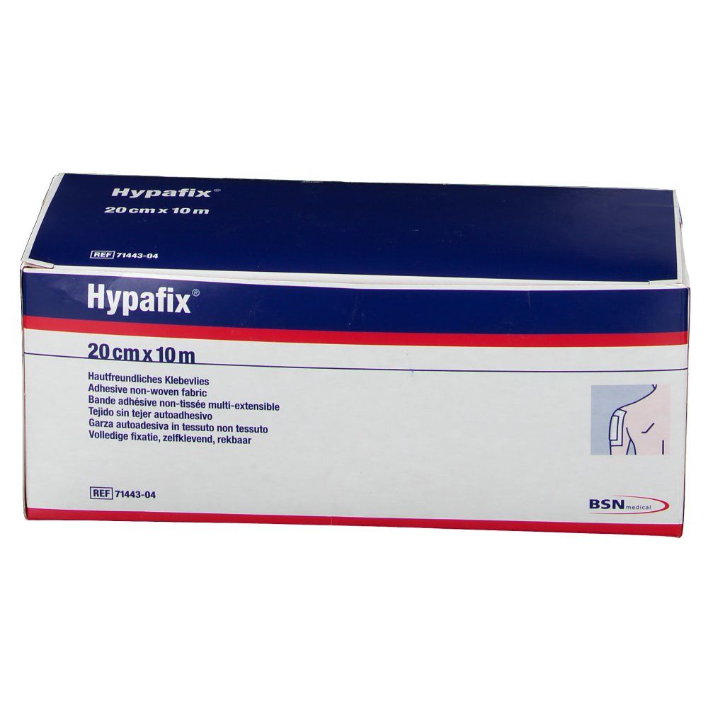 Boîte de Hypafix, 20 cm x 10 m. Inscriptions: tissu non-tissé adhésif, BSN medical.