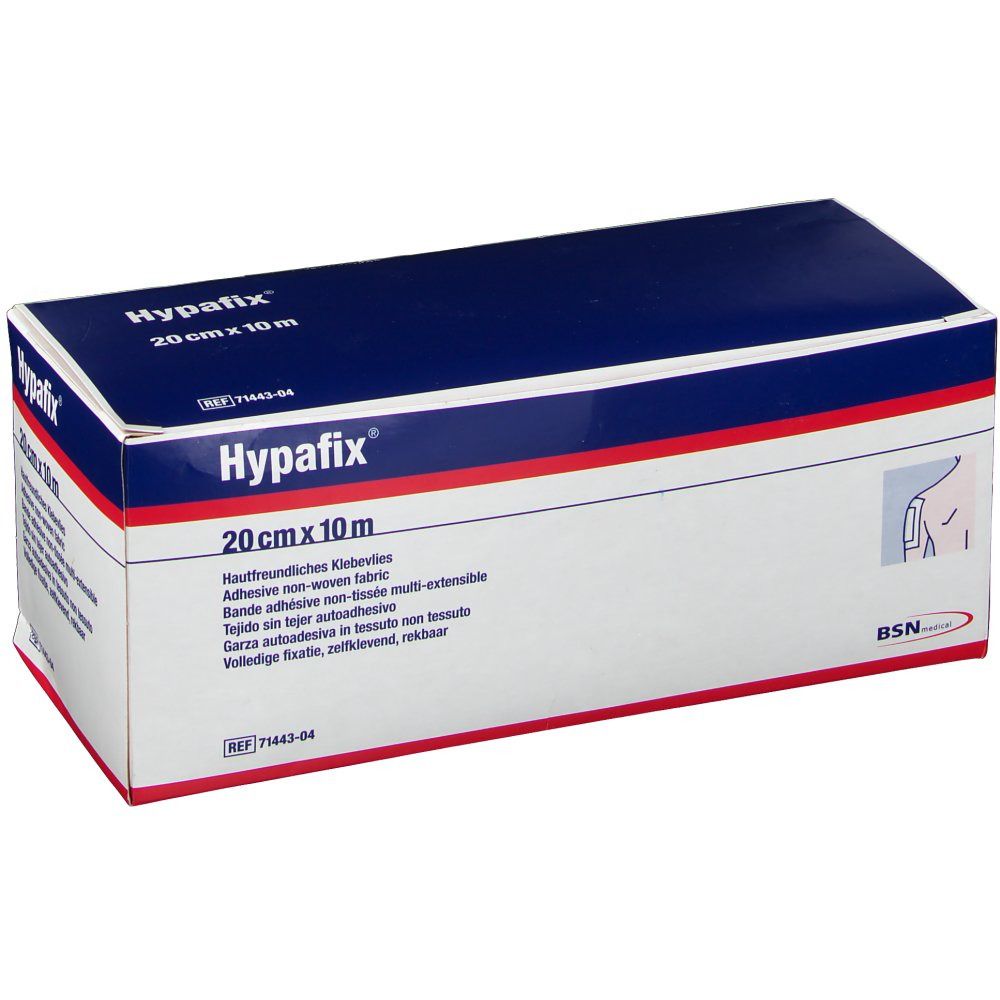 Boîte de Hypafix, 20 cm x 10 m. Inscriptions: tissu non-tissé adhésif, BSN medical.