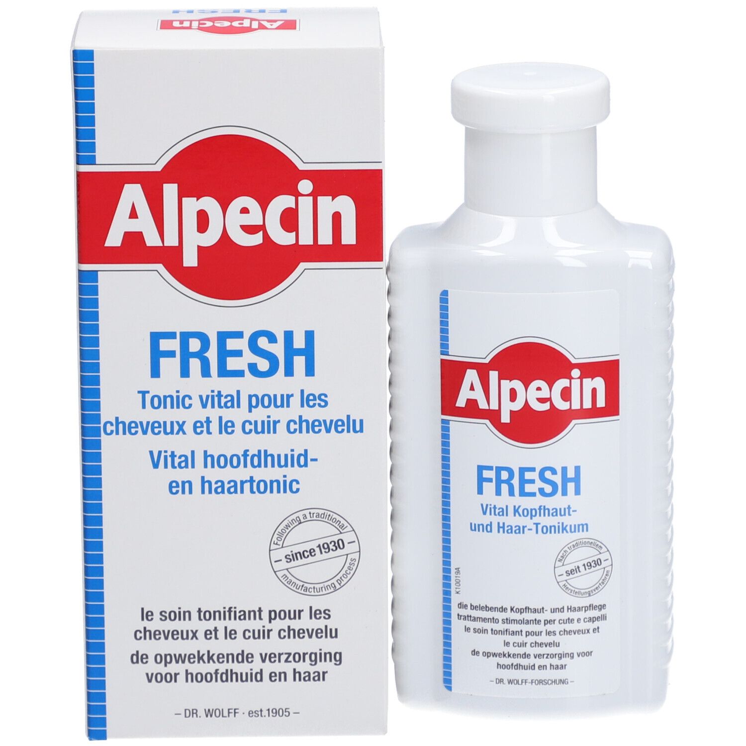 Emballage du produit avec flacon. Boîte et flacon avec étiquette rouge et bleue. Inscription: Alpecin FRESH.