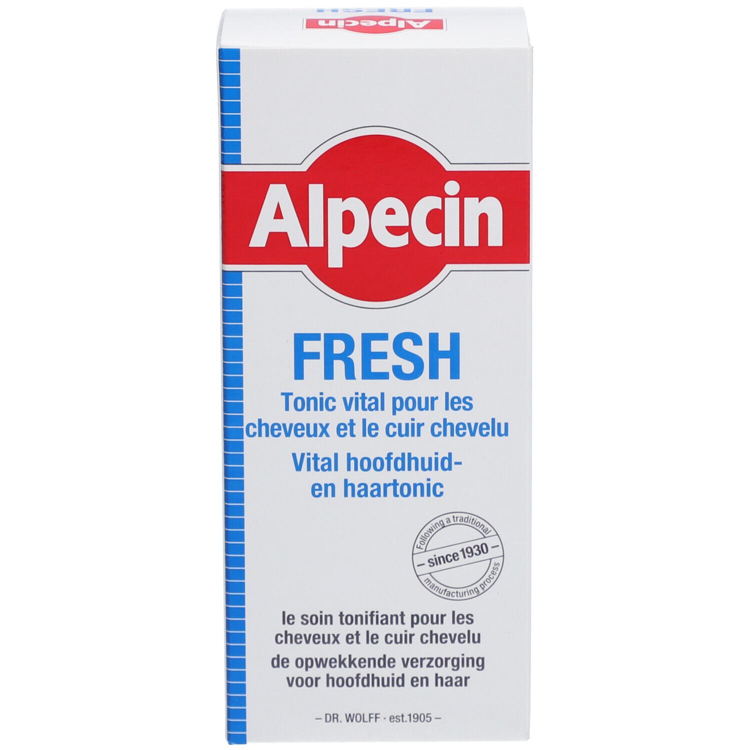 Emballage en carton avec étiquette rouge et bleue. Inscription: Alpecin FRESH Tonique vital pour les cheveux et le cuir chevelu.