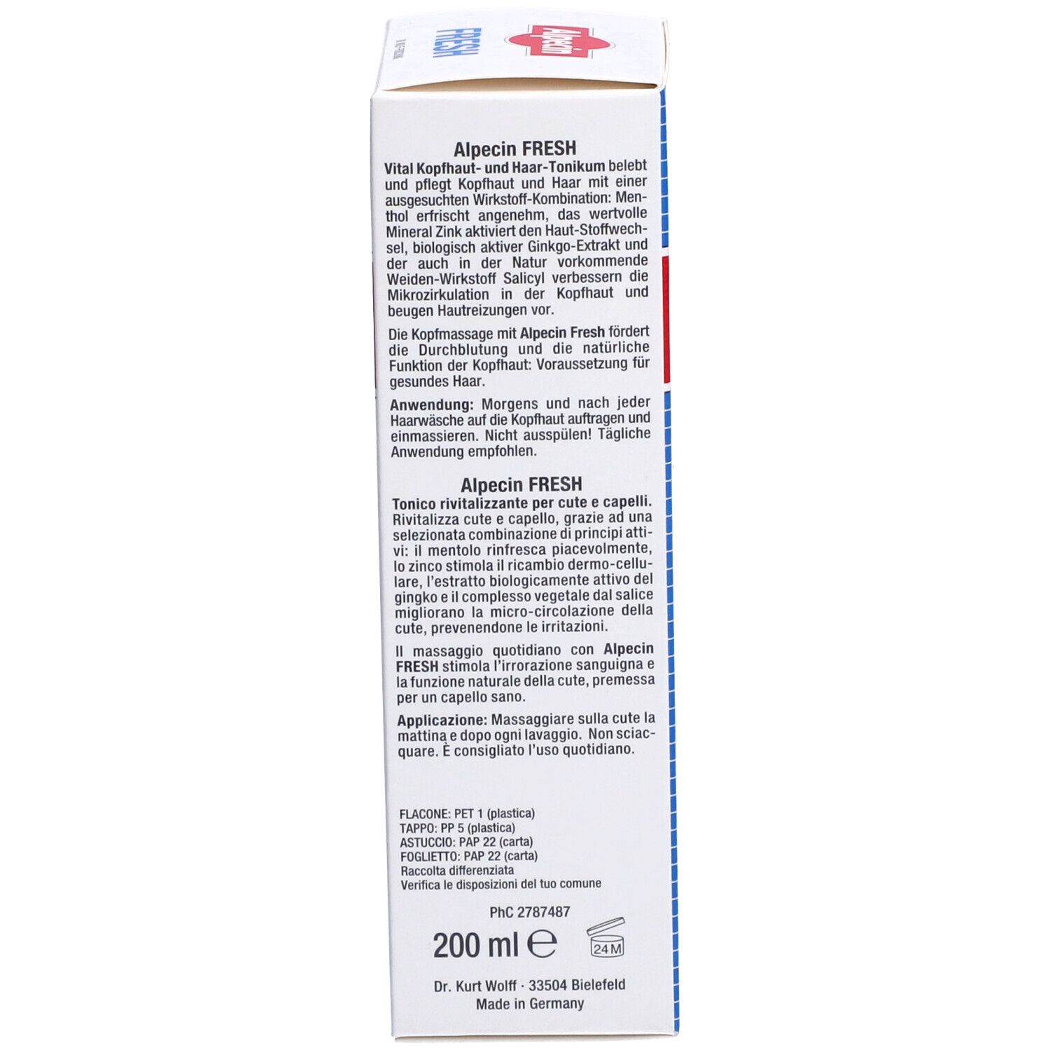 Dos de l'emballage en carton. Texte en plusieurs langues: Ingrédients, utilisation, informations du fabricant.