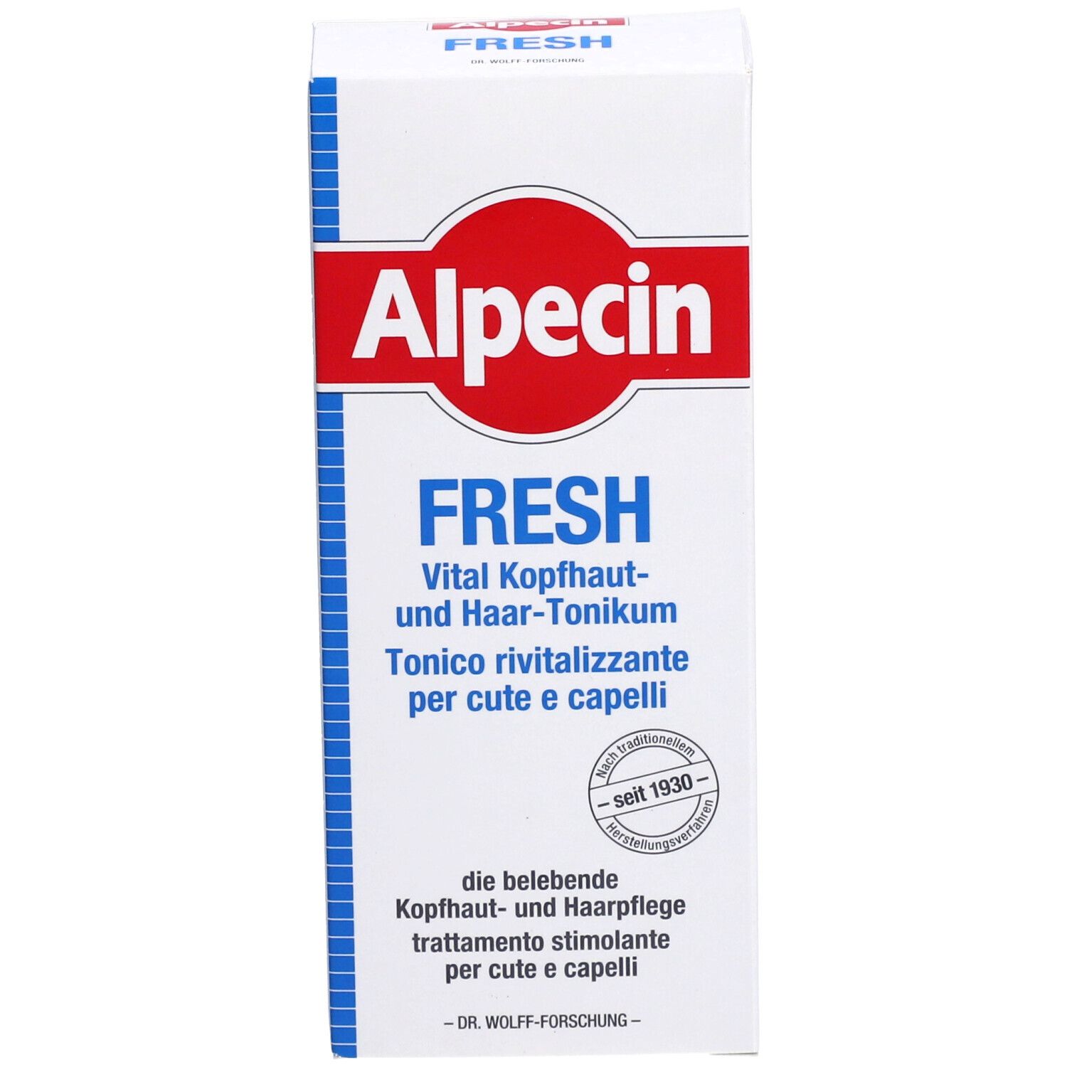 Face avant de l'emballage en carton. Inscription: Alpecin FRESH Tonique vital pour les cheveux et le cuir chevelu. Logo.
