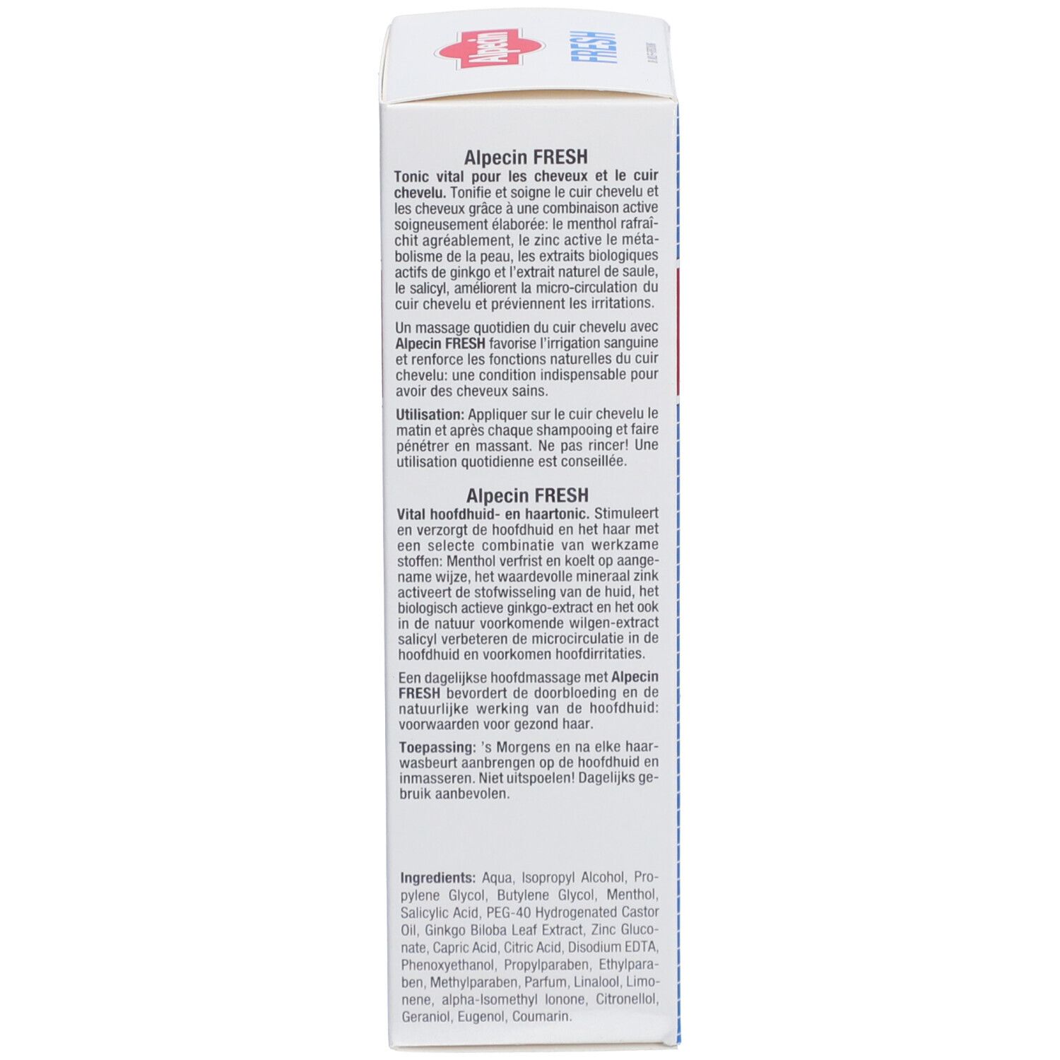 Dos de l'emballage en carton. Texte en plusieurs langues: Ingrédients, utilisation, informations du fabricant.