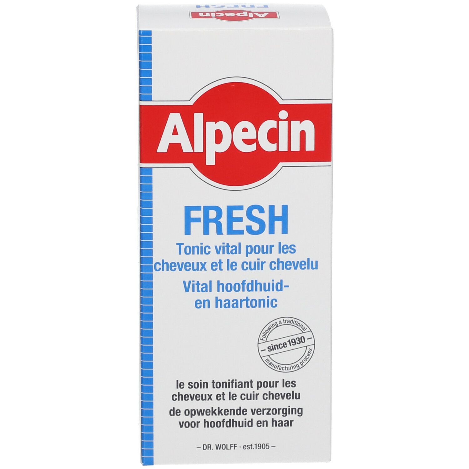 Face avant de l'emballage en carton. Inscription: Alpecin FRESH Tonique vital pour les cheveux et le cuir chevelu. Logo.