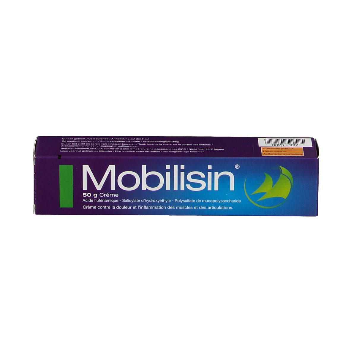 Doos met logo en tekst Mobilisin. Opschrift: 50 g Crème/Crème. Paarse en groene kleuren.