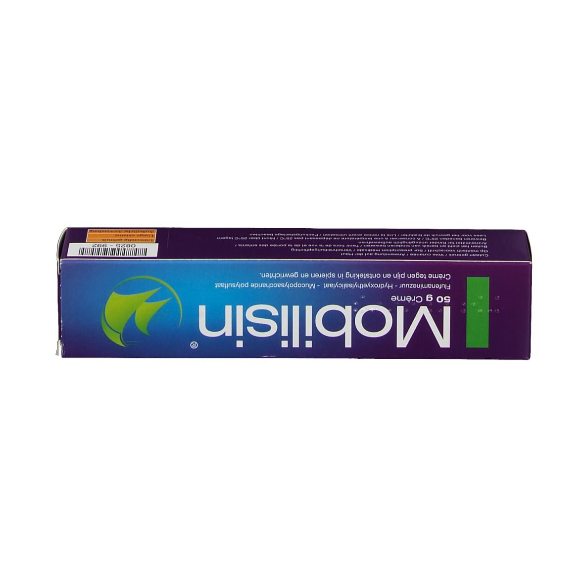Bovenkant van de Mobilisin-doos. Logo en tekst Mobilisin. Opschrift: 50 g Crème/Crème.