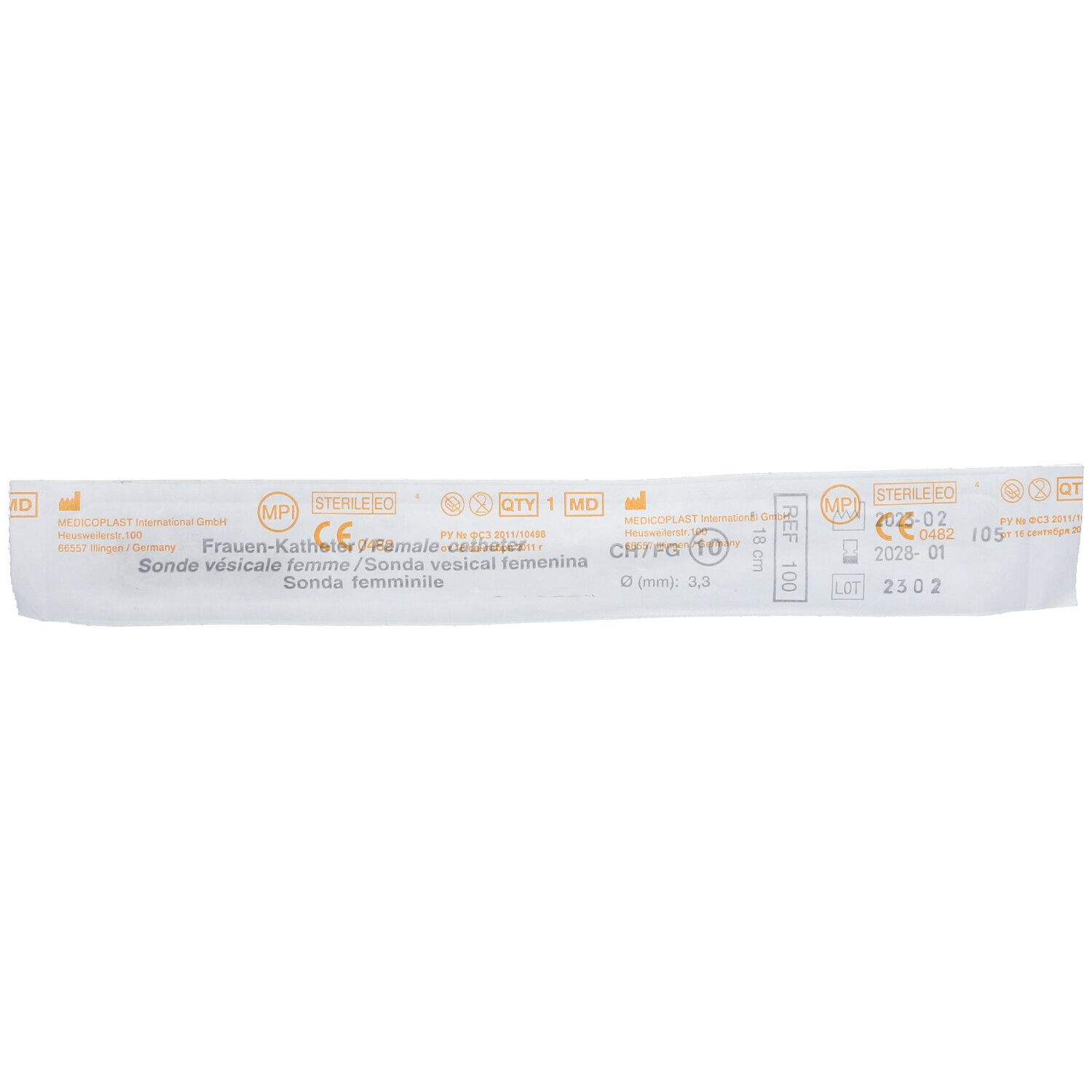 Emballage de sonde urétrale. Informations produit et marquage CE.
