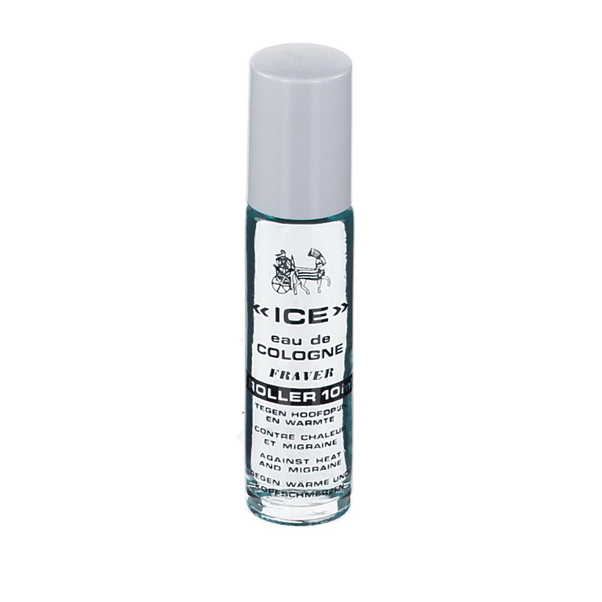 Roll-on fles met witte dop. Opschrift: ICE Eau de Cologne, Fraver, Roller 10ml. Tegen hitte en migraine.