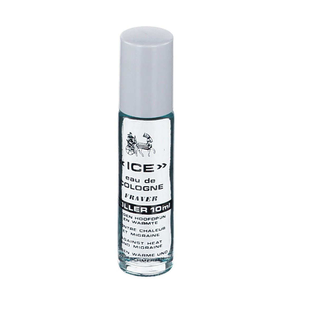 Roll-on fles met witte dop. Opschrift: ICE Eau de Cologne, Fraver, Roller 10ml. Tegen hitte en migraine.