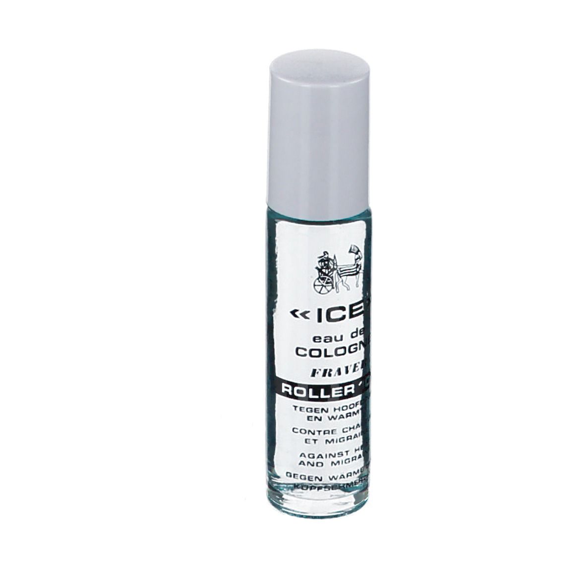 Roll-on fles met witte dop. Opschrift: ICE Eau de Cologne, Fraver, Roller. Tegen hitte en migraine.
