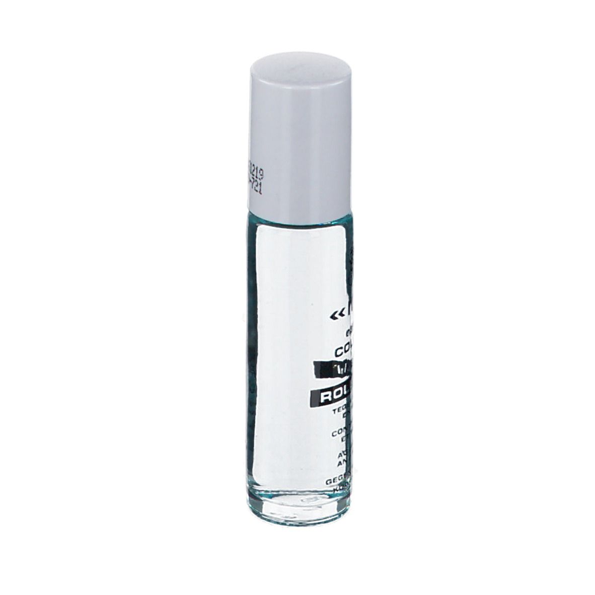 Roll-on fles met witte dop. Opschrift: Roller. Tegen hitte en migraine. Transparante vloeistof zichtbaar.