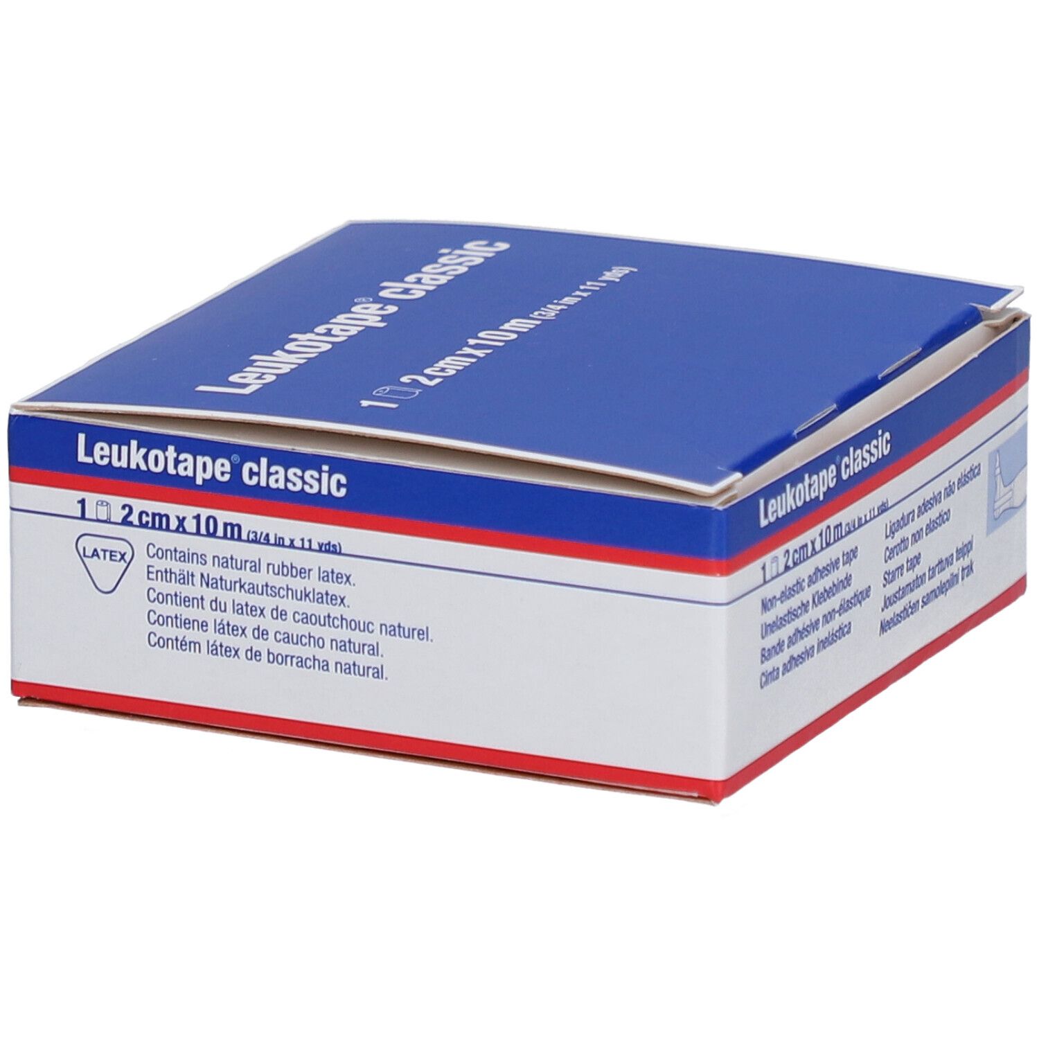Blauw-witte verpakking van Leukotape® classic. Bevat natuurlijke rubberlatex. 2 cm x 10 m.