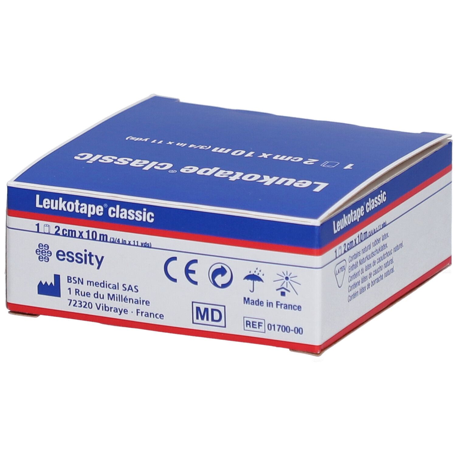Blauw-witte verpakking van Leukotape® classic. 2 cm x 10 m. Met CE-markering en MD-symbool.