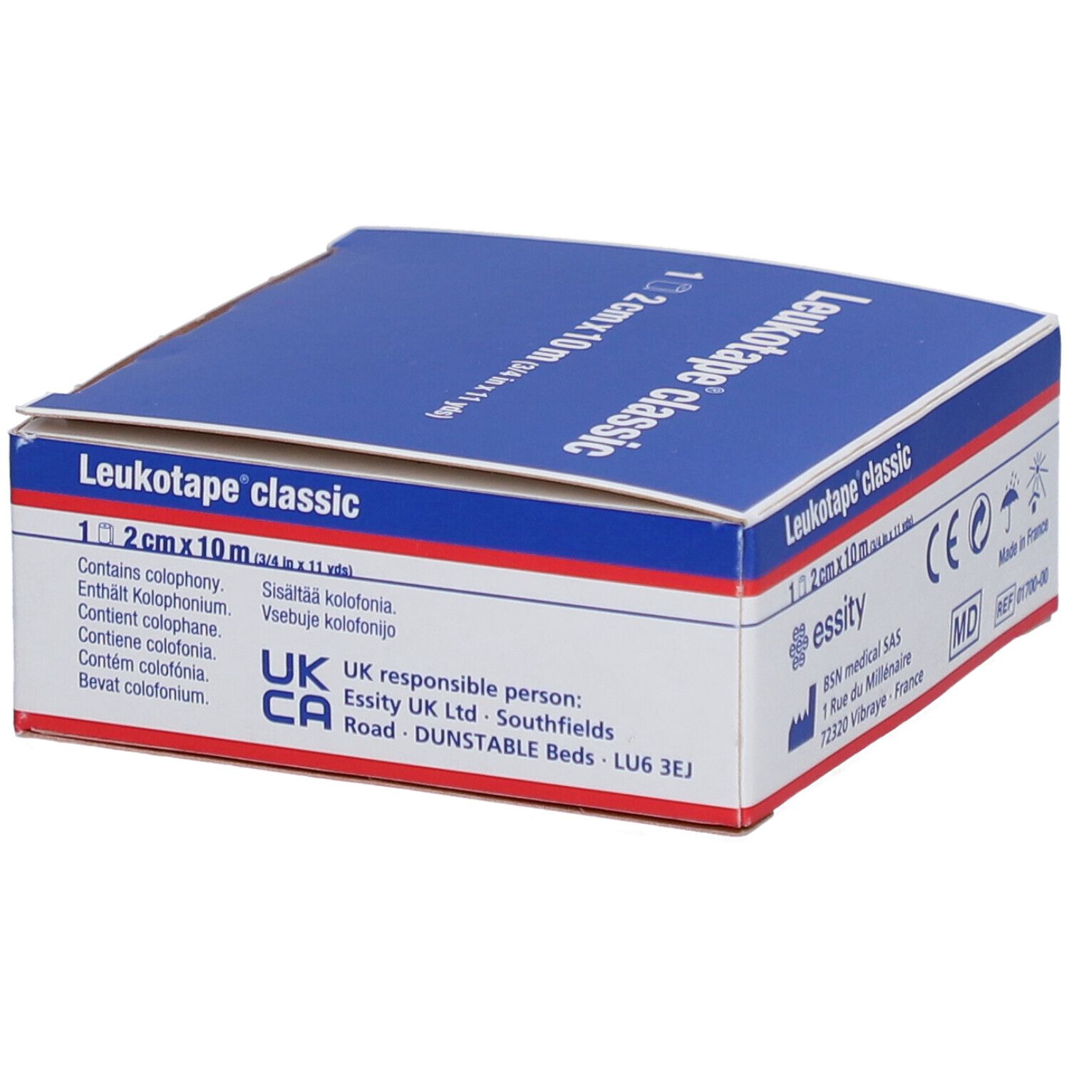 Blauw-witte verpakking van Leukotape® classic. Bevat colofonium. 2 cm x 10 m.