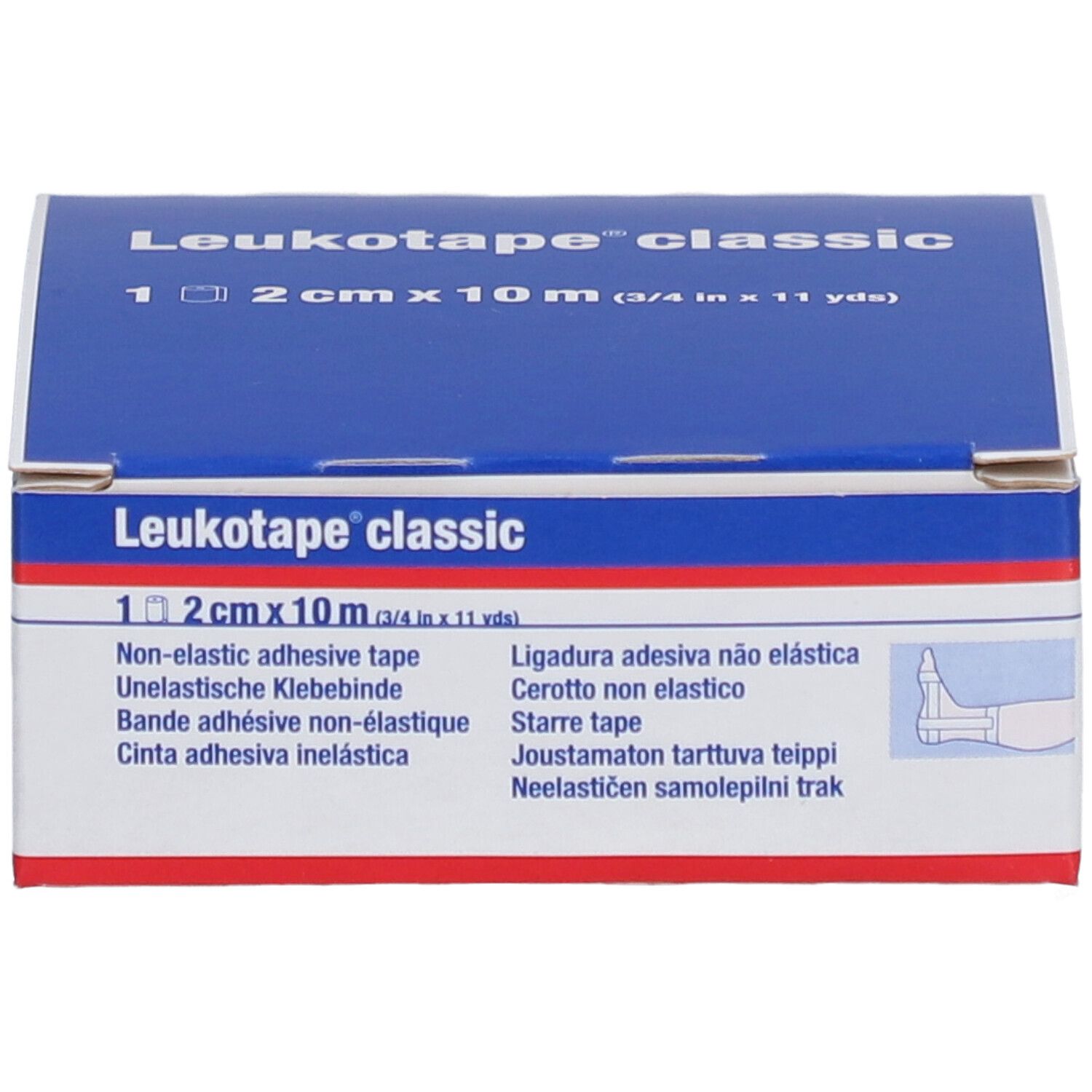 Blauw-witte verpakking van Leukotape® classic. Bevat niet-elastische tape, 2 cm x 10 m.