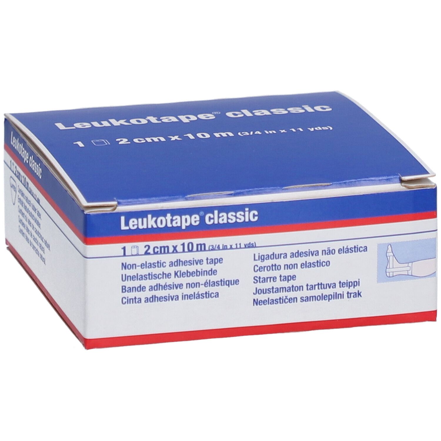 Blauw-witte verpakking van Leukotape® classic. Bevat niet-elastische tape, 2 cm x 10 m.