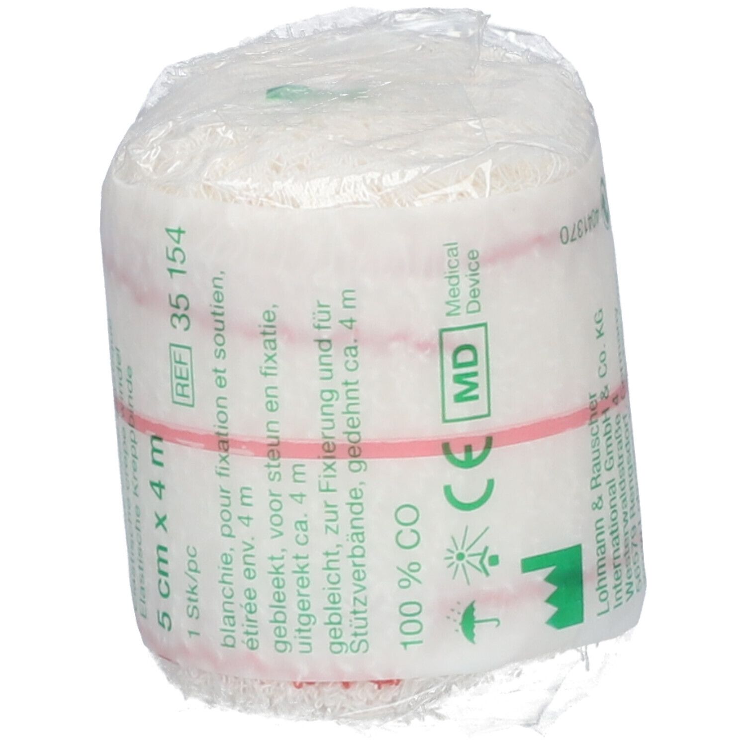 Bande de crêpe élastique blanche roulée, sous film. Inscriptions: 5 cm x 4 m, REF 35 154, marquage CE, 100% CO.