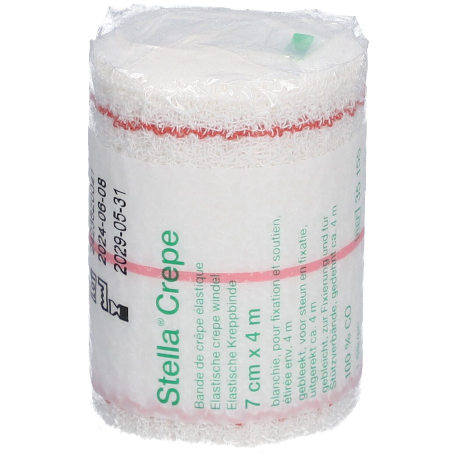 Elastisch crêpeverband, 7 cm x 4 m, verpakt. Rode streep. Opschrift: Stella Crepe.