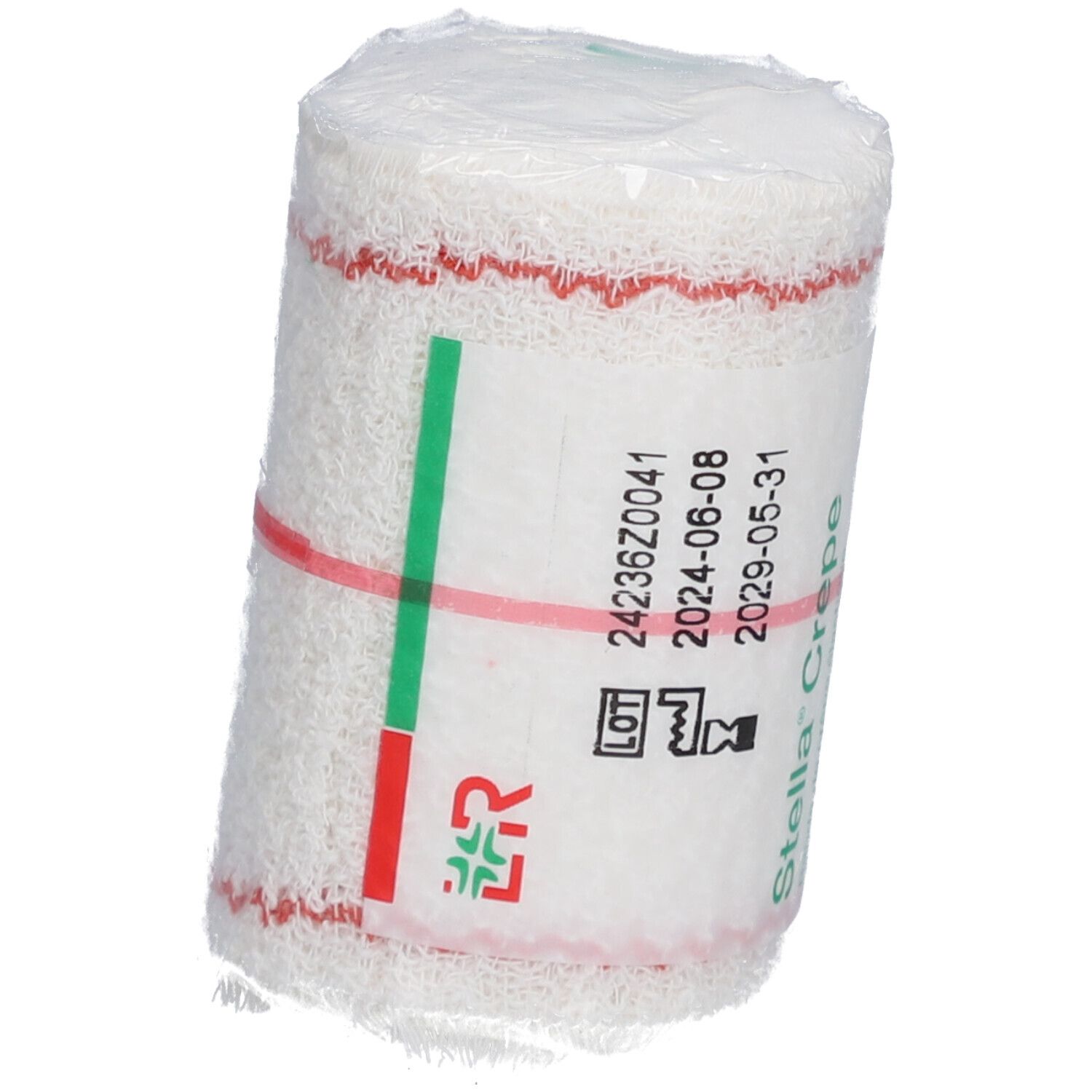 Elastisch crêpeverband, 7 cm x 4 m, verpakt. Rode streep. Opschrift: Stella Crepe.