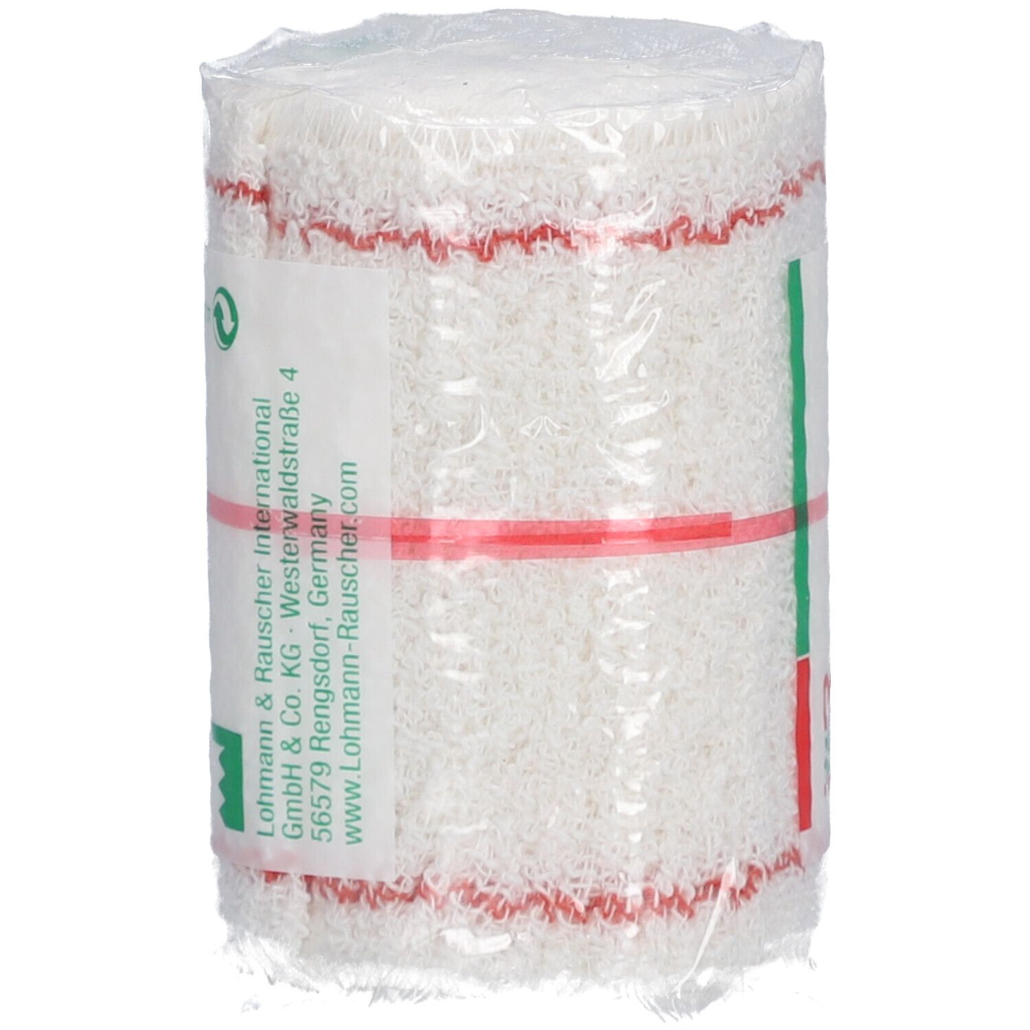Elastisch crêpeverband, 7 cm x 4 m, verpakt. Rode streep. Opschrift: Stella Crepe.
